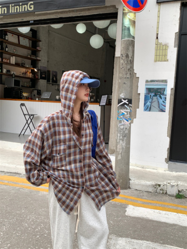 Actual shot~New loose hooded plaid shirt sun protection jacket