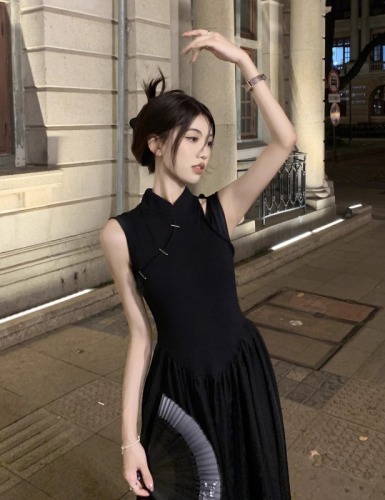 New Chinese style black suspender dress for women Xia Heben style high-end waist sleeveless vest long skirt