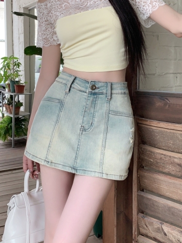 Actual shot #New denim skirt for women with design sense washed and worn a-line hot girl short skirt