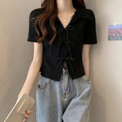 Large size right shoulder polo collar short-sleeved t-shirt for women in summer fat mm slimming loose irregular bow short top