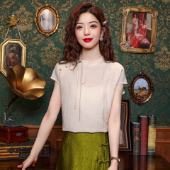 實拍新中式立領襯衫女氣質國風改良漢服亞麻小衫2024夏季無袖上衣