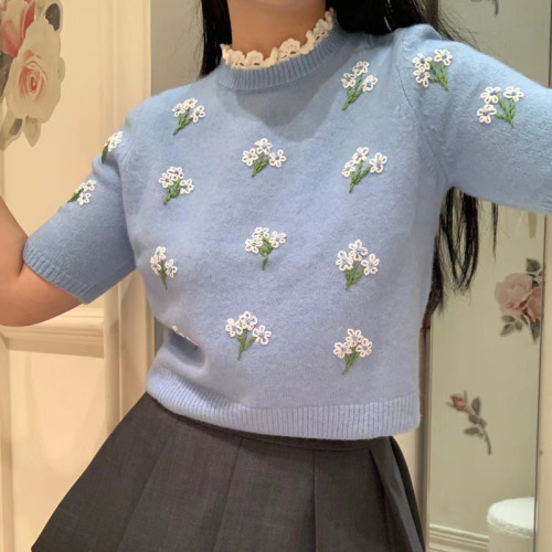 蓝色花边领短款短袖针织衫女2024春夏新款设计感别致减龄小众上衣