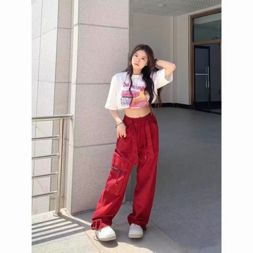 Red overalls ins trendy large pockets functional loose straight pants Korean style wide-leg retro overalls wide-leg pants
