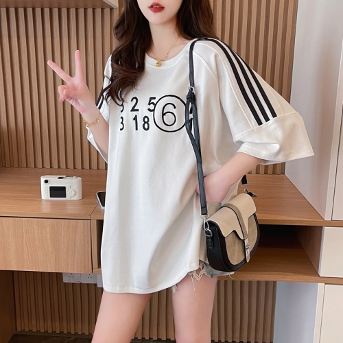 Actual shot of pure cotton 200 grams, back collar, mid-length embroidered round neck short-sleeved T-shirt for women, summer loose top