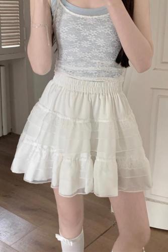 Real shot of lace cake A-line short skirt summer ballet style high-waisted white mesh puffy skirt for women