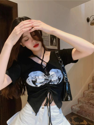 Official picture printed cross strap V-neck short-sleeved T-shirt for women summer slim waist irregular design crop top