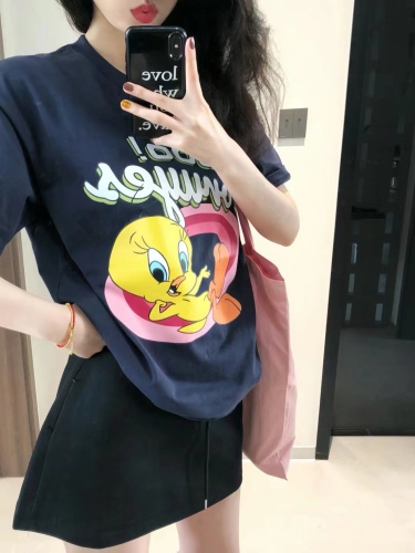 200g combed compact offspun pure cotton back strip Spring and summer loose right shoulder printed short-sleeved T-shirt