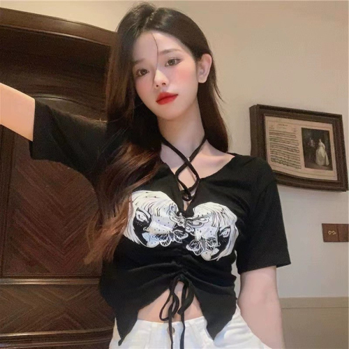 Official picture printed cross strap V-neck short-sleeved T-shirt for women summer slim waist irregular design crop top