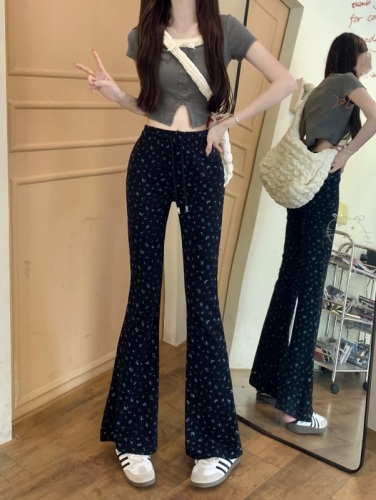 Real shot of retro small floral drawstring fishtail pants 2024 summer new style high waist slim fit bootcut casual pants