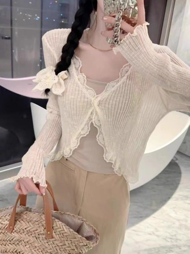 V-neck fungus edge ice silk knitted sunscreen cardigan for women summer thin outer matching skirt top shawl air-conditioning shirt