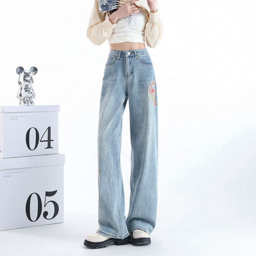 National style embroidery new Chinese style wide leg jeans for women spring high waist loose light color large size narrow straight pants ins