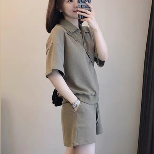 Waffle suit summer new solid color temperament goddess model Internet celebrity age reduction street POLO collar shirt two-piece set for women