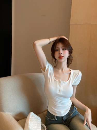 White Pure Desire U Neck T-shirt Summer Solid Color Hot Girl Short Sleeve Slimming Short Collarbone Hot Girl Slim Fit Top Women