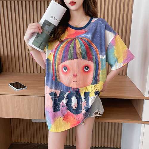 Actual shot of pure cotton 200 grams, back collar, mid-length tie-dyed round neck short-sleeved T-shirt for women, designer summer top