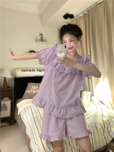 Real shot of Korean style cotton jacquard sweet palace style loose and comfortable summer short-sleeved home clothes suit that can be worn outside