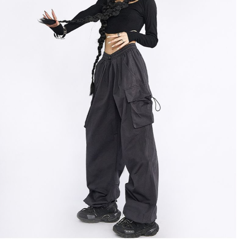 American gray overalls for women summer thin casual loose retro high street jazz straight casual sports pants