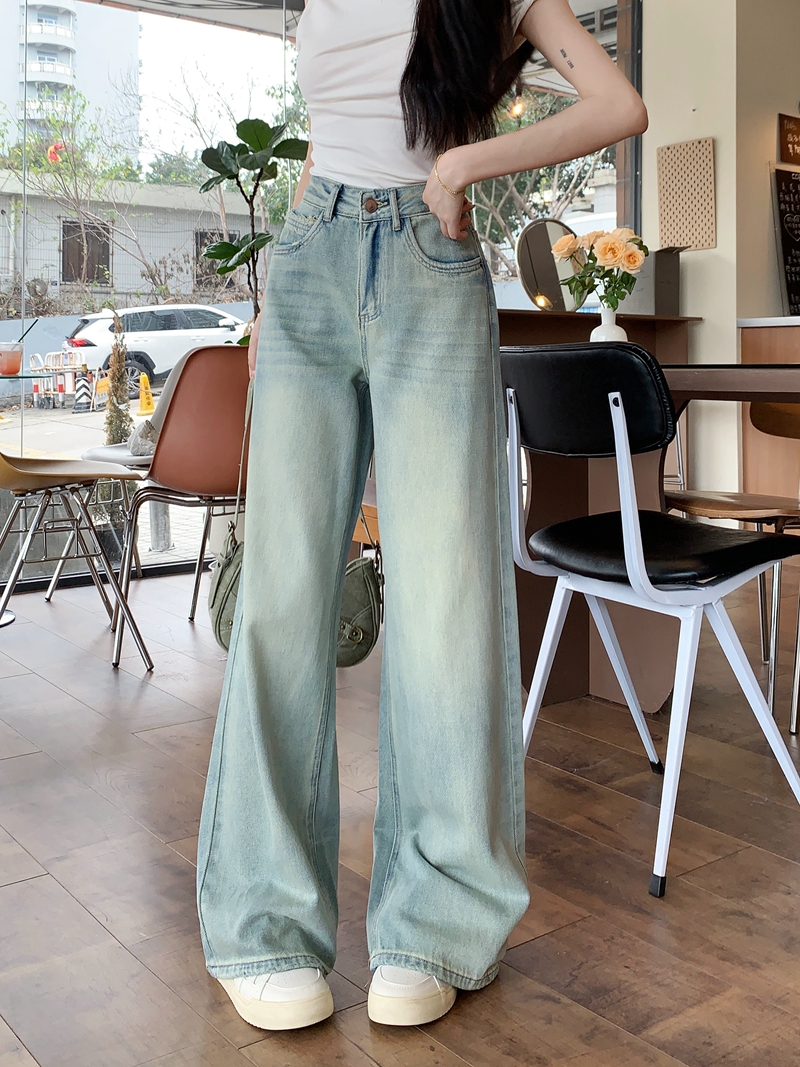 Actual shot #New loose straight denim trousers for women high waist washed design floor mopping wide leg trousers
