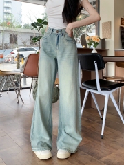 Actual shot #New loose straight denim trousers for women high waist washed design floor mopping wide leg trousers