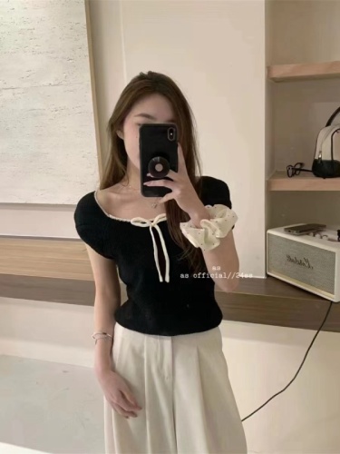 Sweet and spicy bow short-sleeved knitted sweater for women 2024 summer new slimming tops for small people sweet age-reducing shirts