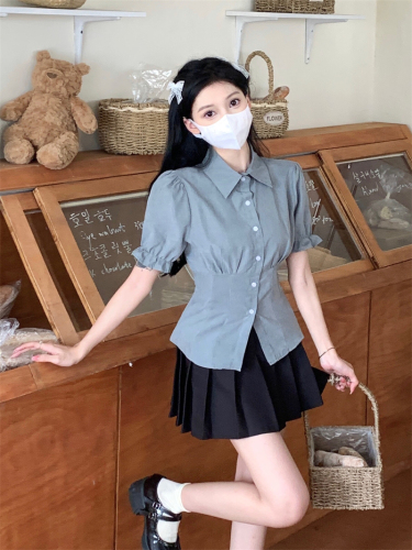 jk制服收腰衬衫短袖女夏季设计感小众纯欲辣妹衬衣白色泡泡袖上衣