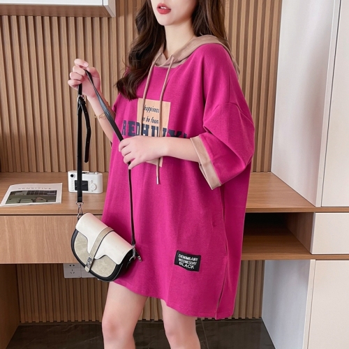 Real shot of pure cotton 200g back collar mid-length contrasting color hooded short-sleeved T-shirt women's loose large size summer top