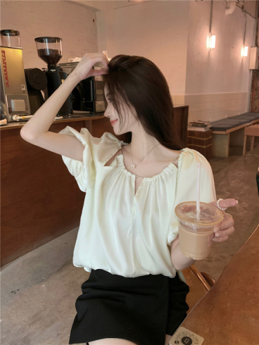 Real shot!  French design round neck pleated puff short-sleeved top for women Korean style loose temperament shirt