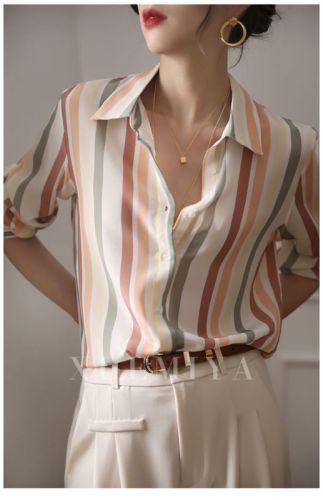 Striped shirt top women's long-sleeved spring wear new niche retro silk mulberry silk shirt women's slimming