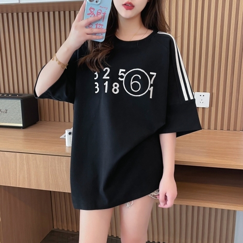 Actual shot of pure cotton 200 grams, back collar, mid-length embroidered round neck short-sleeved T-shirt for women, summer loose top