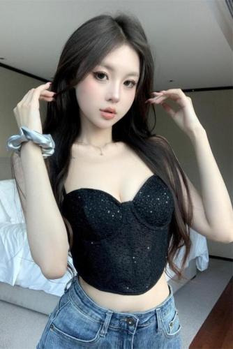 Real shot ~ Silk textured glittering sequined small suspender design sequined vest outer wear women's short top