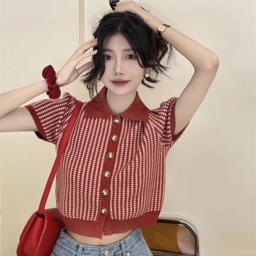 POLO短袖针织衫女夏季新款复古小众法式设计感短款红色泡泡袖上衣