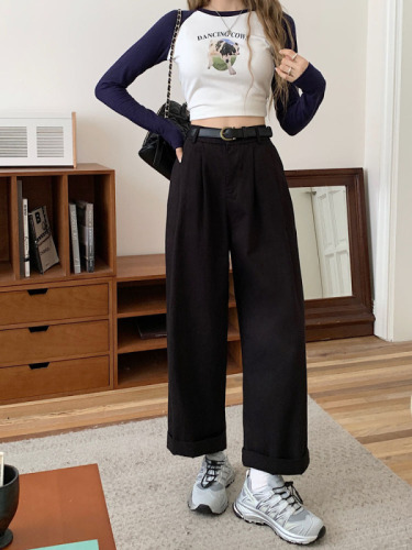 Actual shot ~ 2024 new Korean style design washed cotton wide-leg pants casual pants straight pants for women with belt