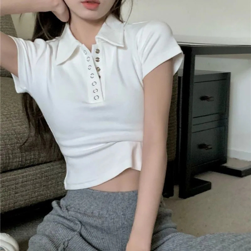 Short-sleeved right shoulder top 2024 summer new Korean style slim white hot girl BM style short POLO collar T-shirt for women