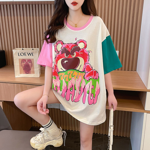 Actual shot of pure cotton 200g back collar mid-length contrasting color round neck short-sleeved T-shirt women's loose large size summer top