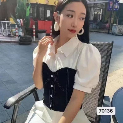 夏季新款韩版简约小众polo领拼接假两件短袖开衫上衣