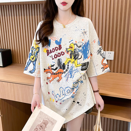 Actual shot of pure cotton 200g back collar graffiti short-sleeved T-shirt women's mid-length round neck loose large size summer top