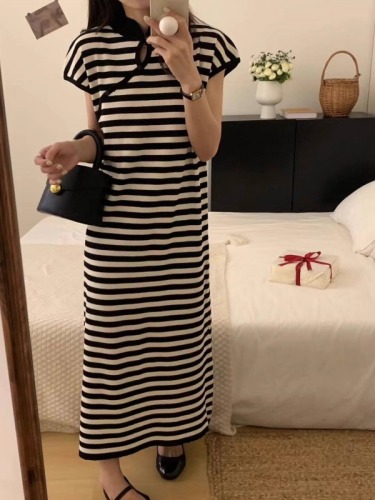 Contrast color striped straight loose sleeveless dress summer new cheongsam collar western style slimming slit knitted skirt for women