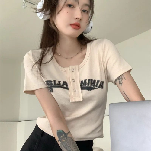 Women's T-shirt Women's Design Niche Summer Letter Print Hot Girl American Right Shoulder Versatile Slim Short Top