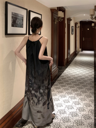 实拍 新中式印花吊带连衣裙设计感复古小众长裙
