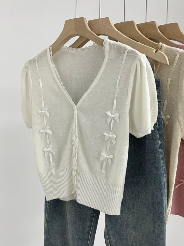 French style v-neck collarbone exposed shoulder knitted cardigan short-sleeved T-shirt women's bow thin ice silk summer top