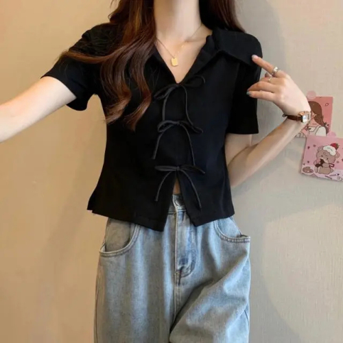 Large size right shoulder polo collar short-sleeved t-shirt for women in summer fat mm slimming loose irregular bow short top