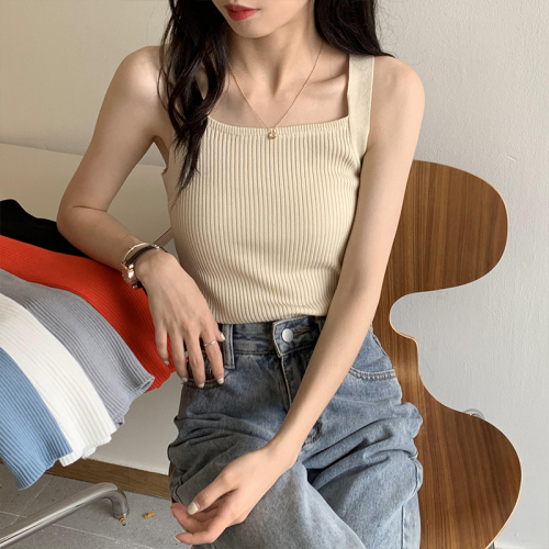 Real shot of summer Korean style solid color short inner vest sweater women's bottoming shirt student small suspender top wear outside