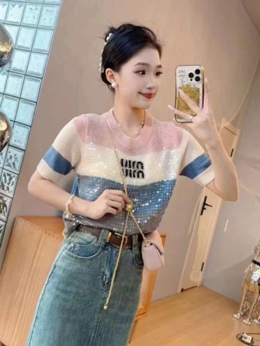 2024 spring and summer new trendy color block sequin jacquard letter applique beautiful sweater sweater for women