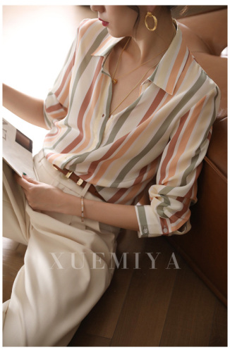 Striped shirt top women's long-sleeved spring wear new niche retro silk mulberry silk shirt women's slimming