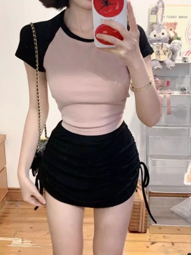 Sweet and spicy gray right shoulder short-sleeved t-shirt for women slim fit hot girl short top + skirt two-piece set