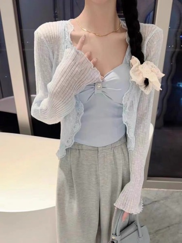 V-neck fungus edge ice silk knitted sunscreen cardigan for women summer thin outer matching skirt top shawl air-conditioning shirt