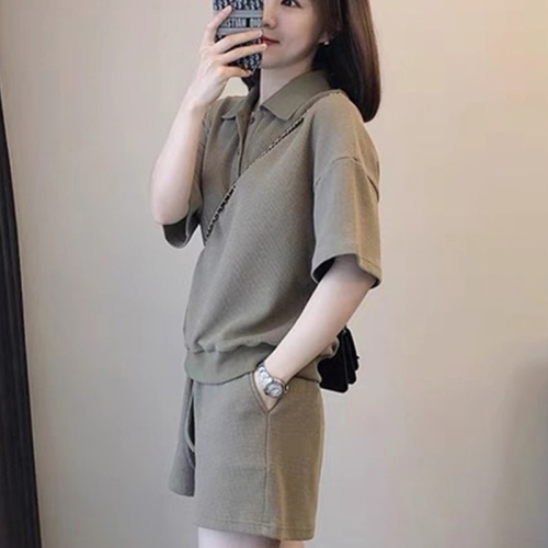 Waffle suit summer new solid color temperament goddess model Internet celebrity age reduction street POLO collar shirt two-piece set for women