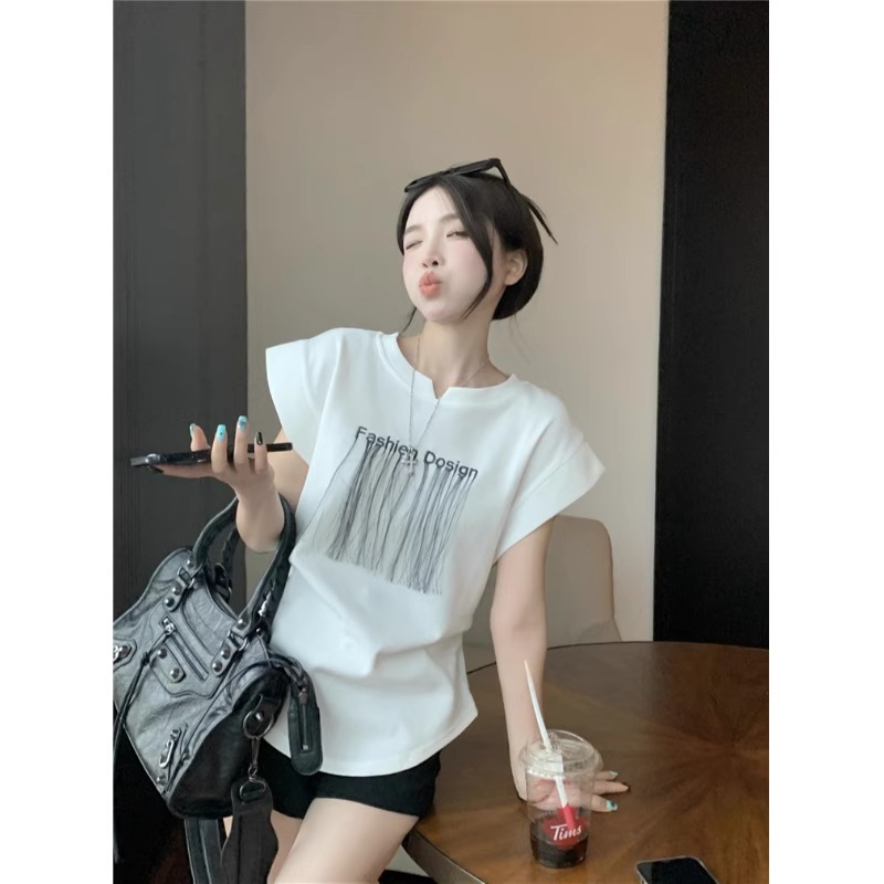 Official photo cotton pique short-sleeved T-shirt women's embroidered tassel flying sleeve top loose niche