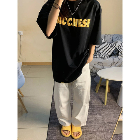 Summer two-piece trendy female Korean student salt print short-sleeved T-shirt loose straight wide-leg pants suit