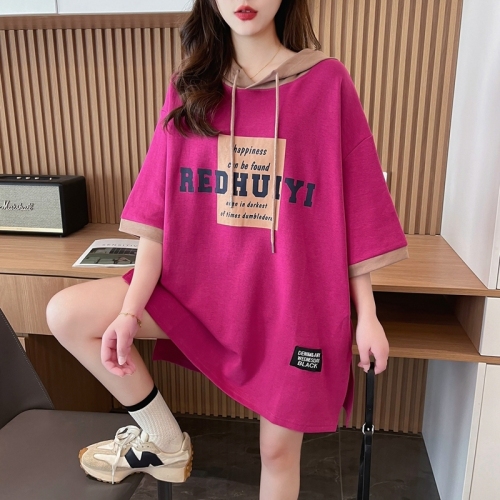 Real shot of pure cotton 200g back collar mid-length contrasting color hooded short-sleeved T-shirt women's loose large size summer top