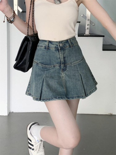 Actual shot ~ Denim pleated skirt!  Hot Girl Short Skirt Women's High Waist A-Line American Slimming Skirt